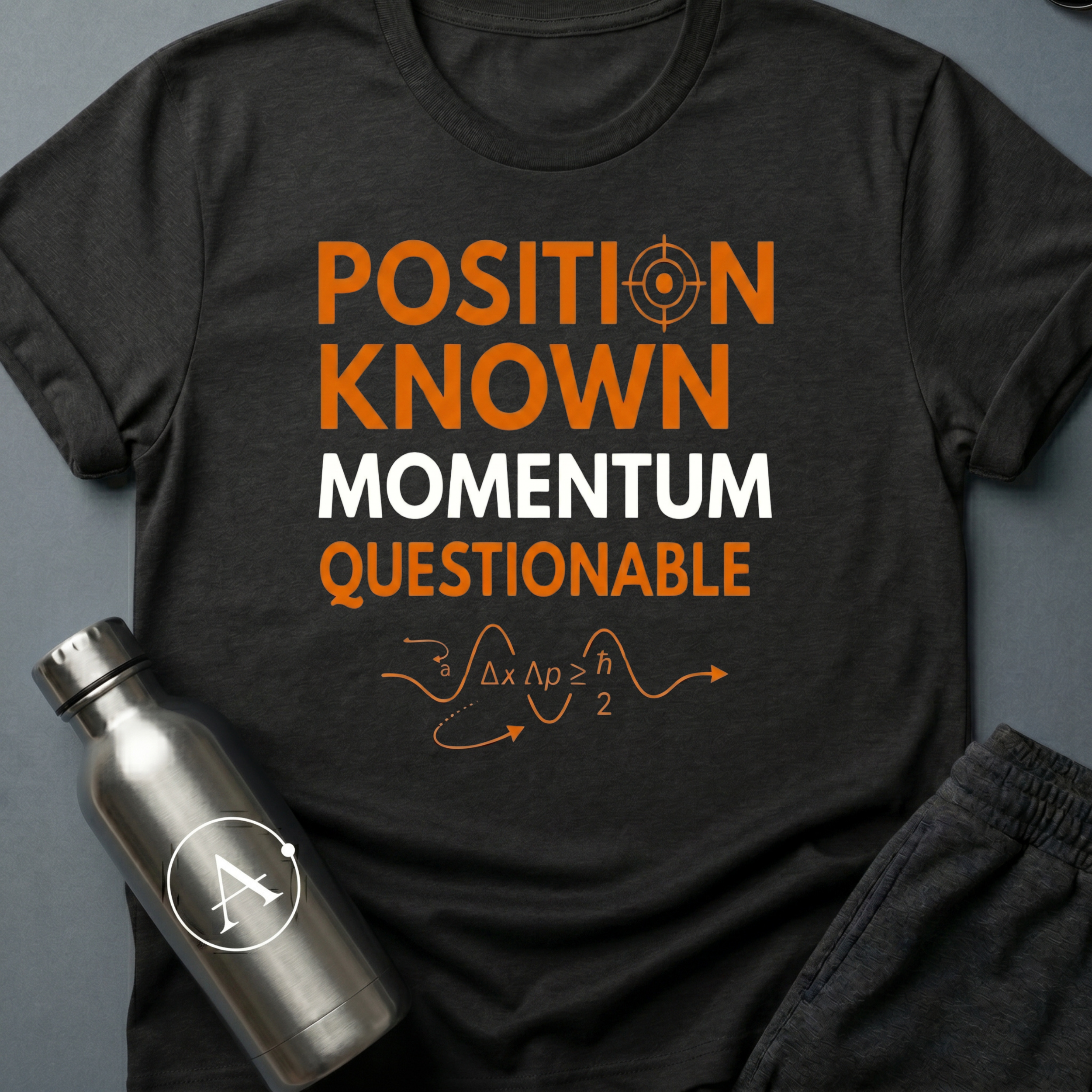 Vector Unclear sci-fi t-shirt — Heisenberg uncertainty principle, 'Position known, momentum questionable' — Black unisex tee — Apsion Outpost