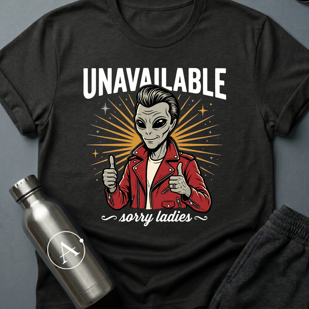 Slick Richard sci-fi t-shirt — alien greaser in red leather jacket, 'Unavailable, sorry ladies' — Black unisex tee — Apsion Outpost
