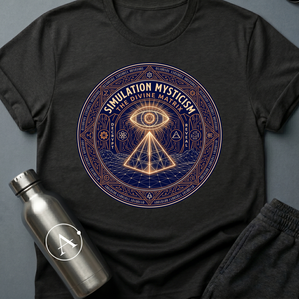 Source Code Seance sci-fi t-shirt — Simulation Mysticism mandala with all-seeing eye — Black unisex tee — Apsion Outpost