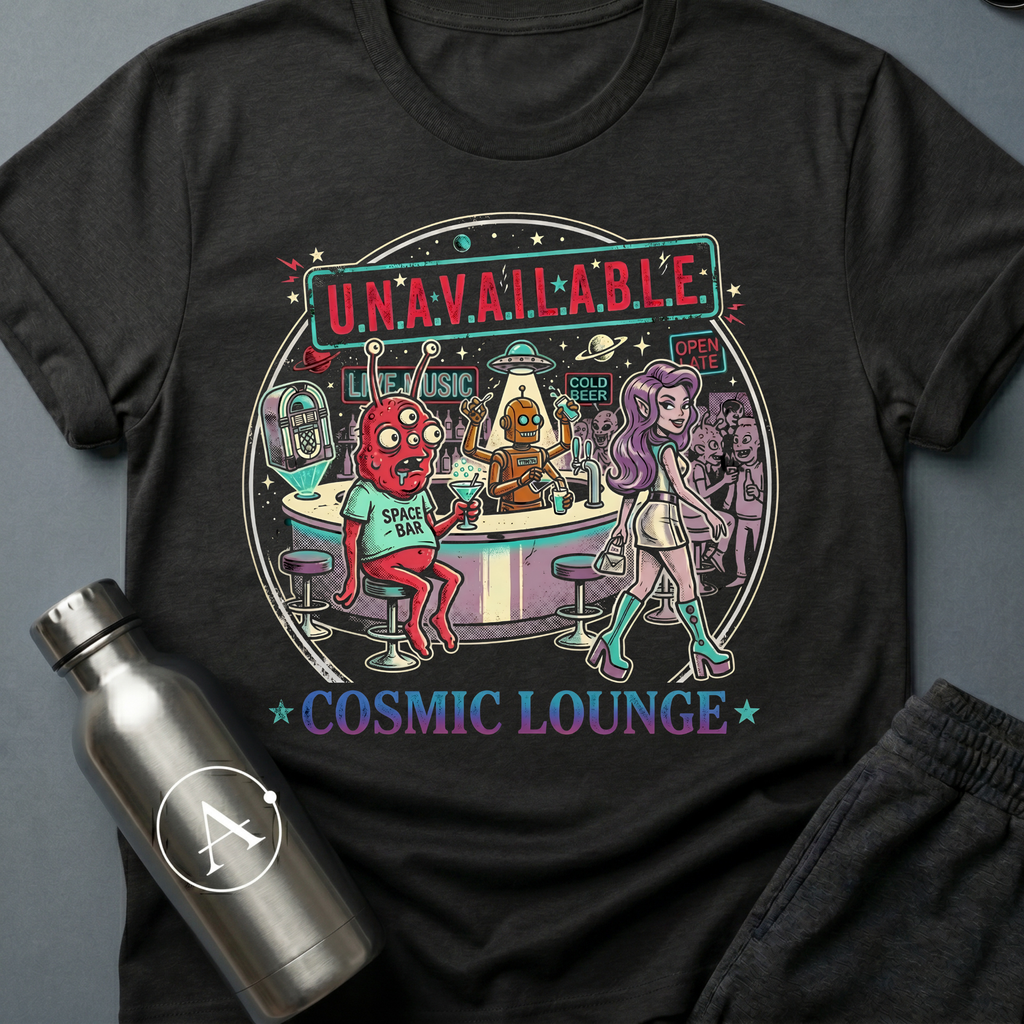 Moonlighting sci-fi t-shirt — Cosmic Lounge cartoon bar scene, 'Unavailable' — Black unisex tee — Apsion Outpost
