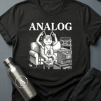 Tape Deck Native sci-fi t-shirt — analog couch potato with TV antennae, 'Analog' — Black unisex tee — Apsion Outpost