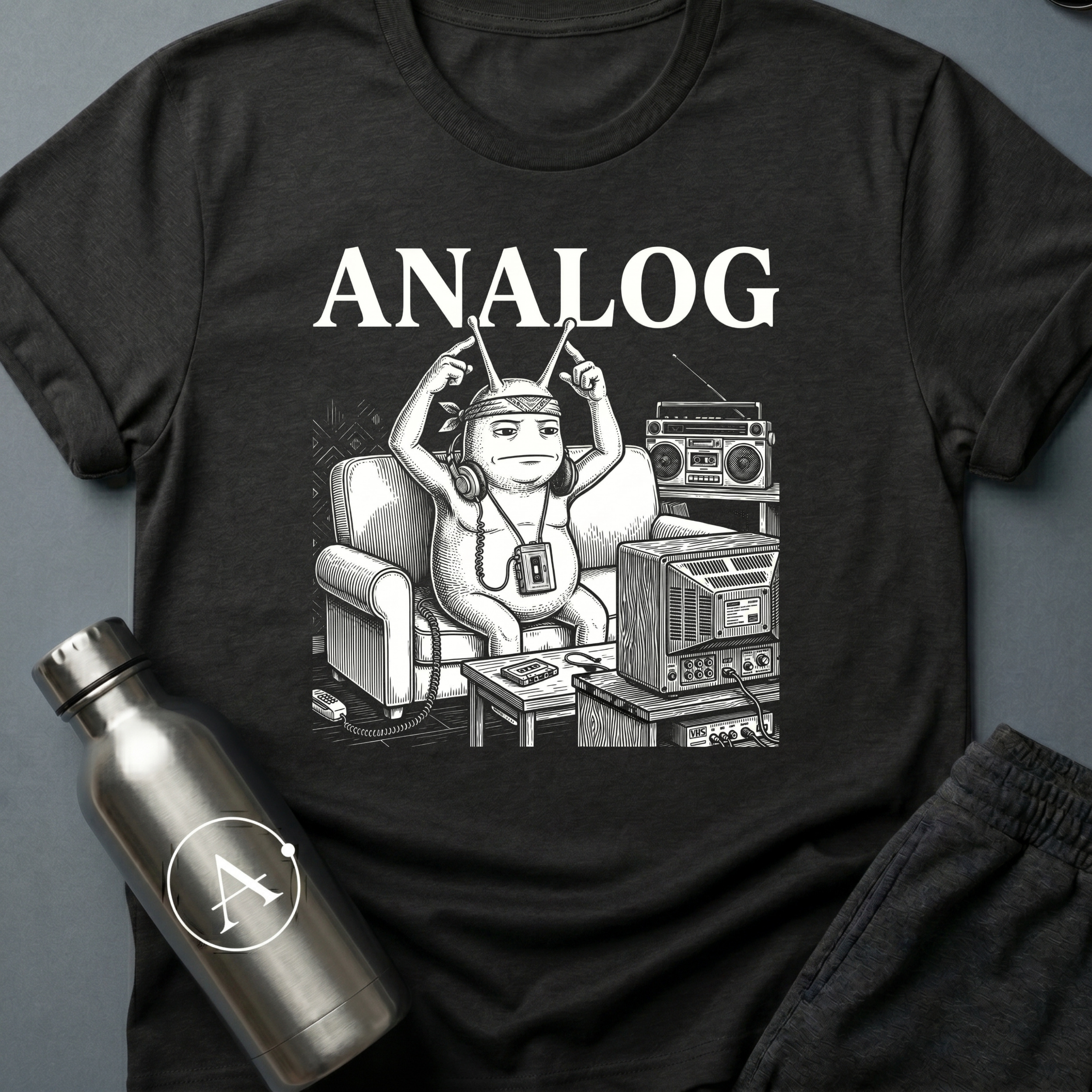 Tape Deck Native sci-fi t-shirt — analog couch potato with TV antennae, 'Analog' — Black unisex tee — Apsion Outpost