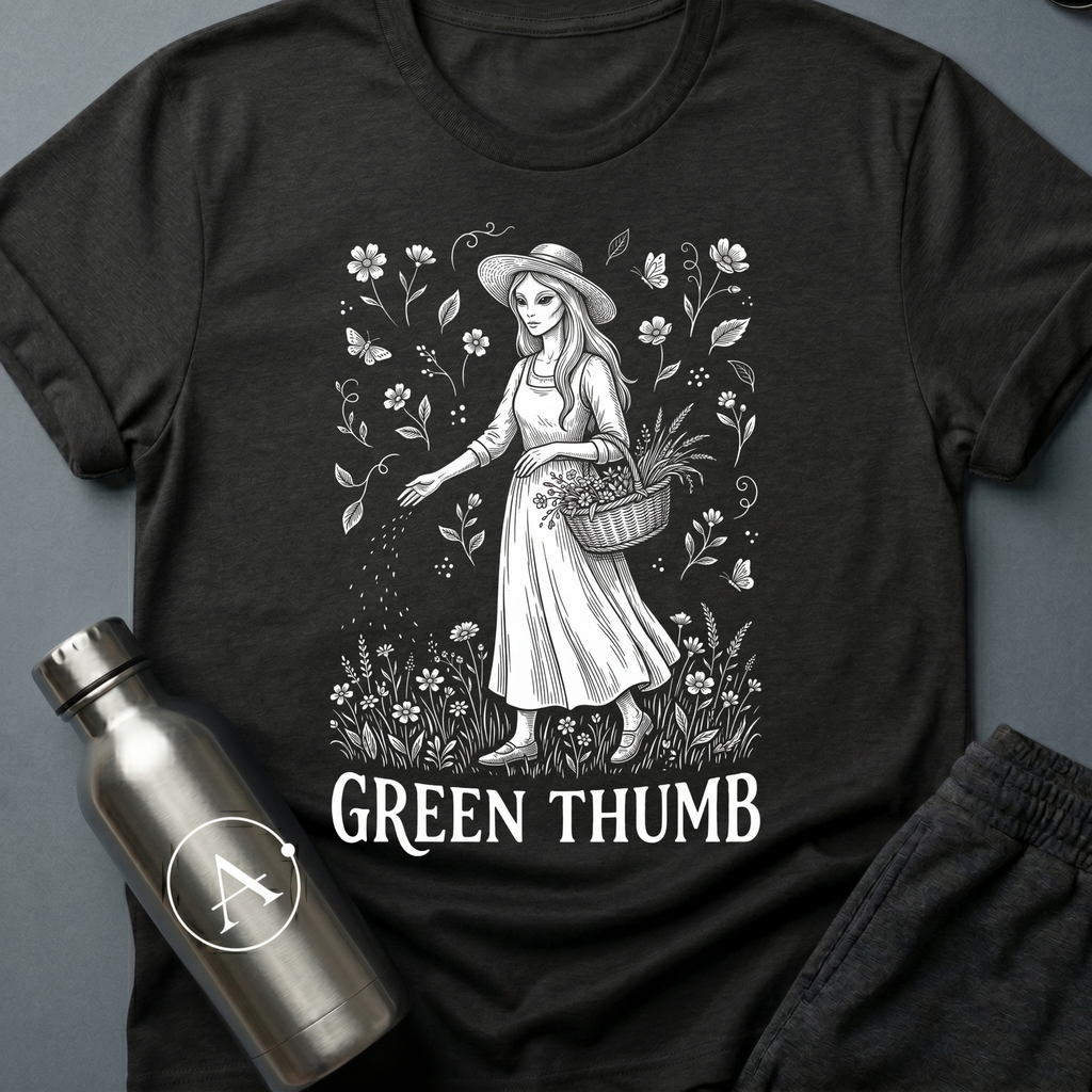 The Gardner sci-fi t-shirt — Victorian woman gardening among wildflowers, 'Green thumb' — Black unisex tee — Apsion Outpost