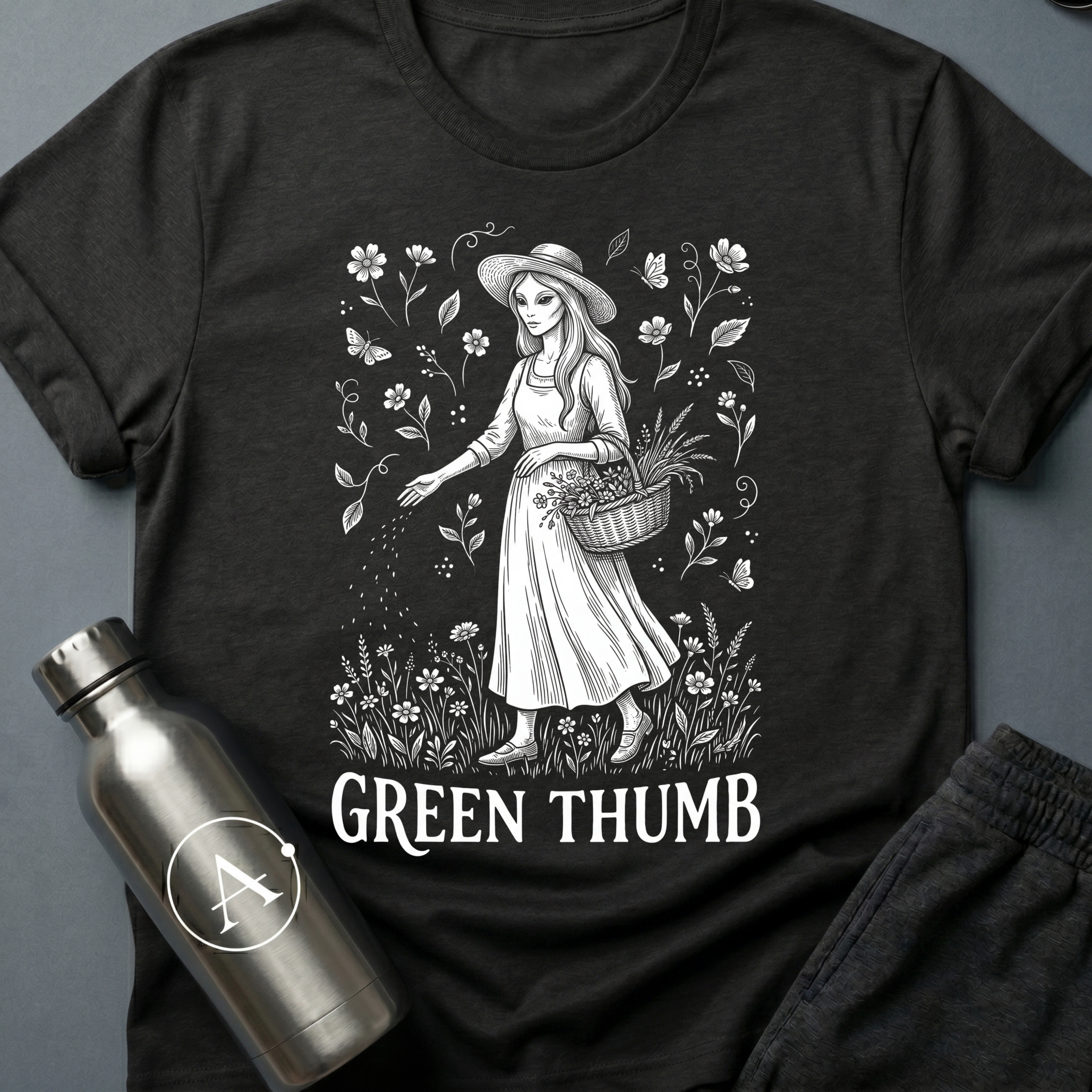 The Gardner sci-fi t-shirt — Victorian woman gardening among wildflowers, 'Green thumb' — Black unisex tee — Apsion Outpost