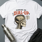 56K Brain sci-fi t-shirt — skull cross-section with vintage dial-up modem inside — Navy unisex tee — Apsion Outpost