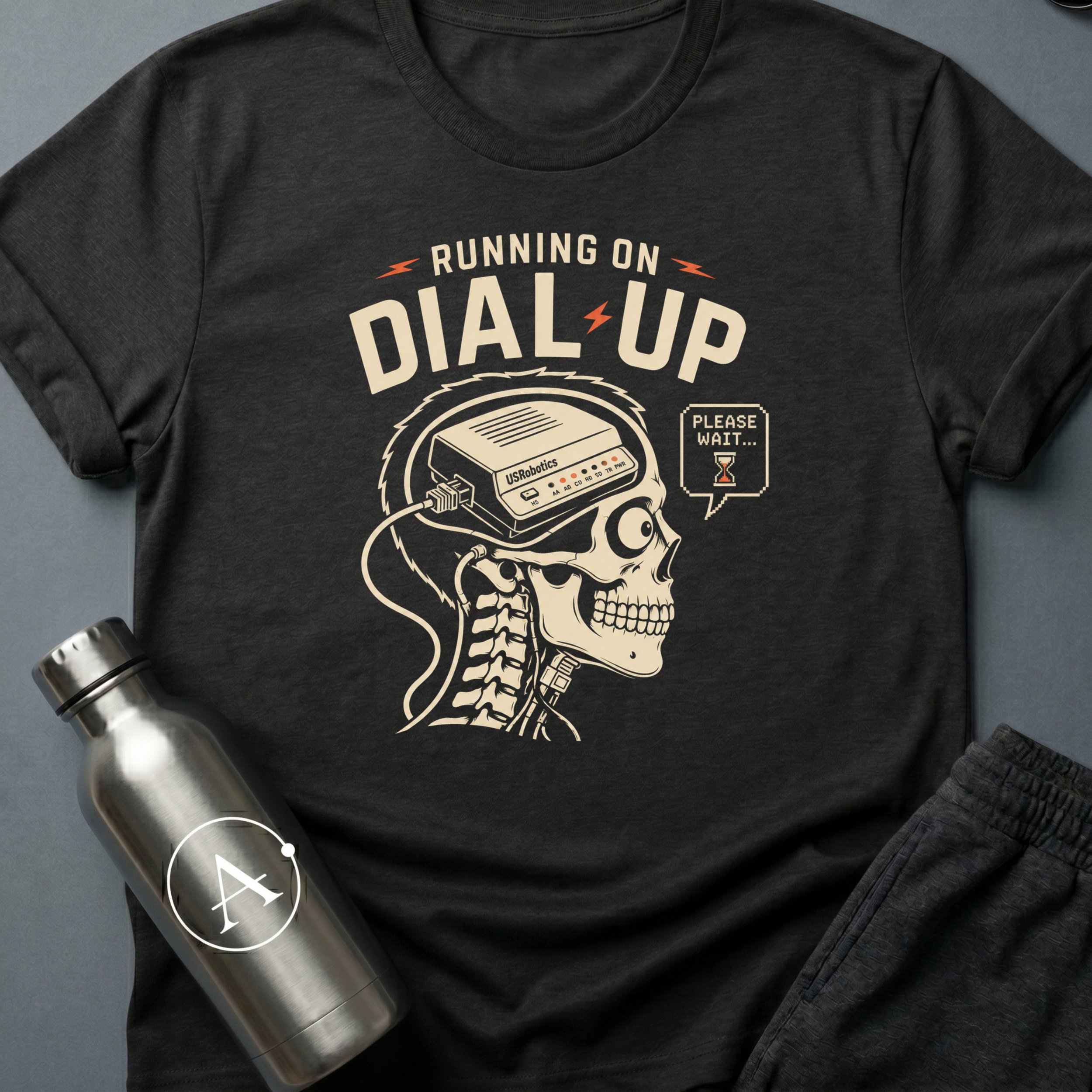 56K Brain sci-fi t-shirt — skull cross-section with vintage dial-up modem inside — White unisex tee — Apsion Outpost