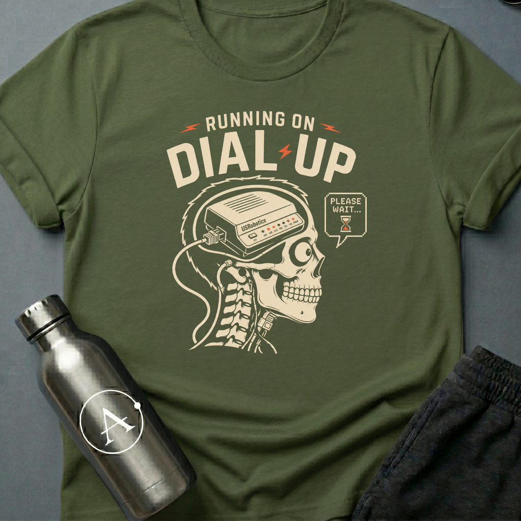 56K Brain sci-fi t-shirt — skull cross-section with vintage dial-up modem inside — Black unisex tee — Apsion Outpost