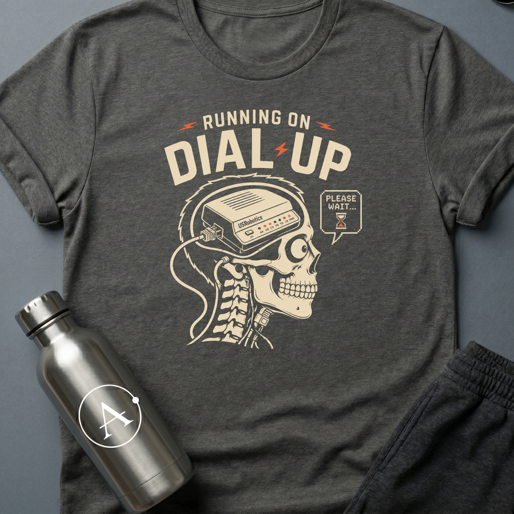 56K Brain sci-fi t-shirt — skull cross-section with vintage dial-up modem inside — Dark Heather unisex tee — Apsion Outpost