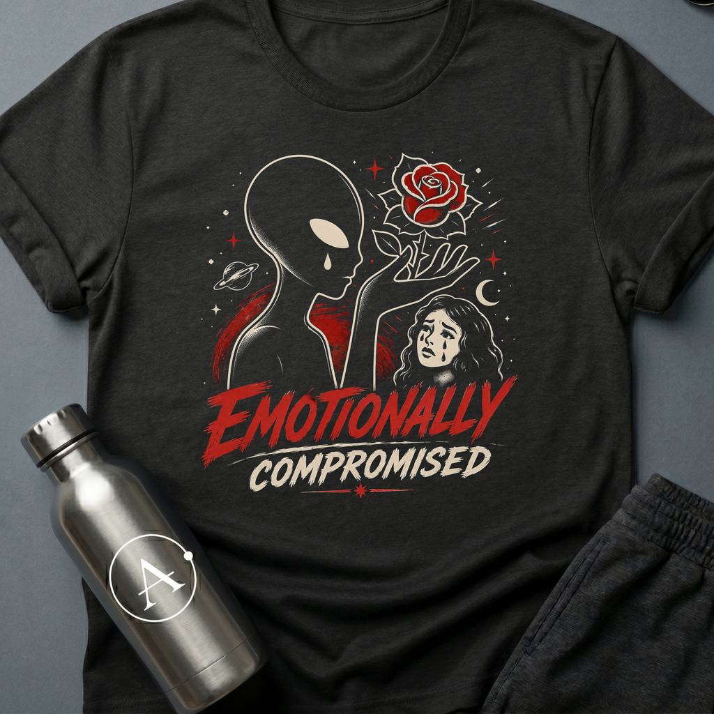 Telenovela Escalation sci-fi t-shirt — alien overcome by Earth soap operas — White unisex tee — Apsion Outpost
