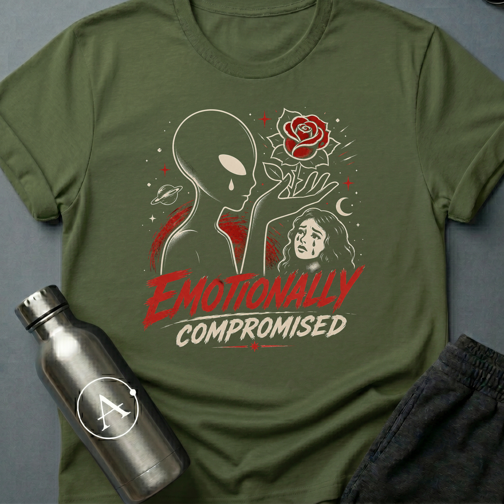 Telenovela Escalation sci-fi t-shirt — alien overcome by Earth soap operas — Navy unisex tee — Apsion Outpost
