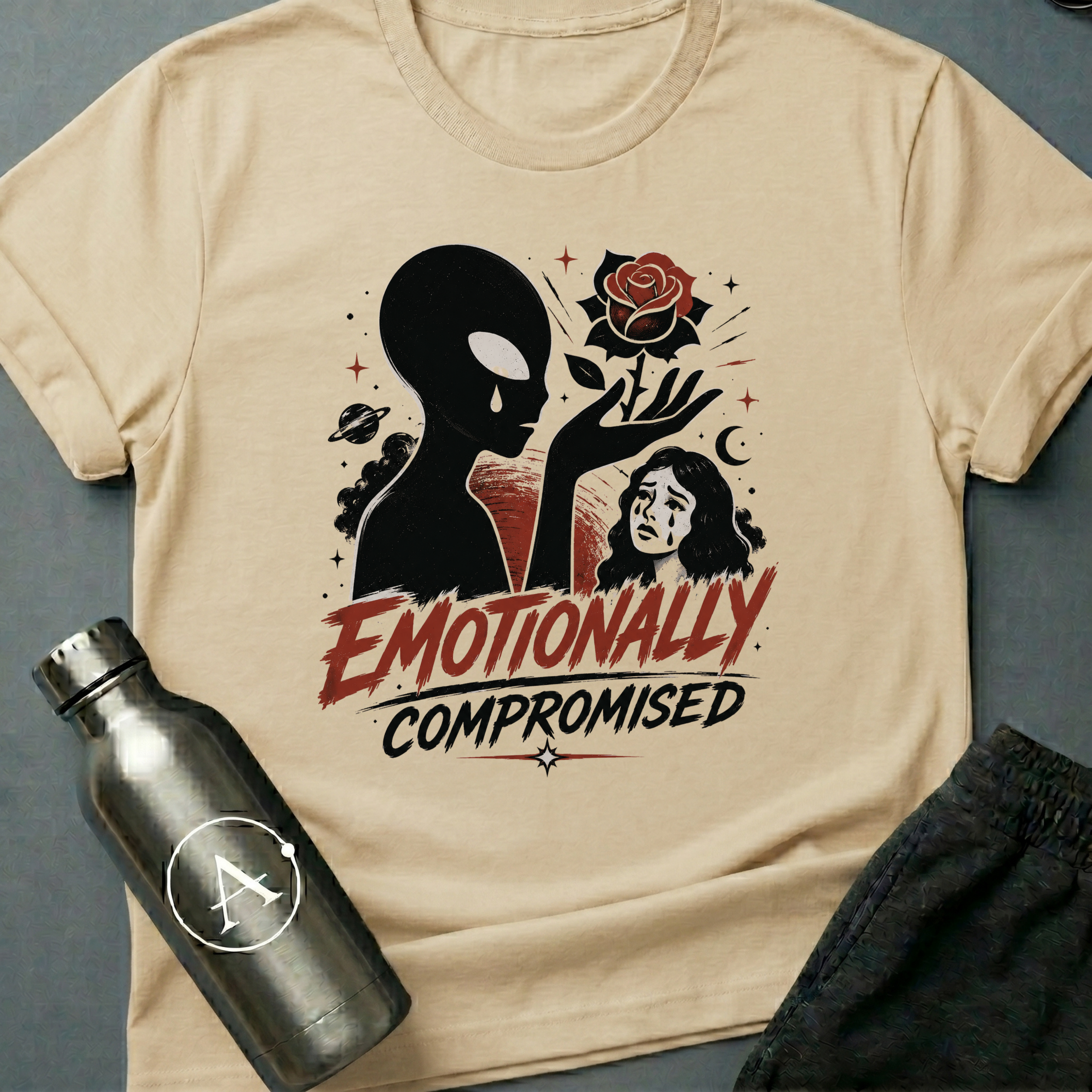 Telenovela Escalation sci-fi t-shirt — alien overcome by Earth soap operas — Natural unisex tee — Apsion Outpost