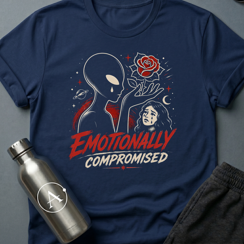 Telenovela Escalation sci-fi t-shirt — alien overcome by Earth soap operas — Black unisex tee — Apsion Outpost