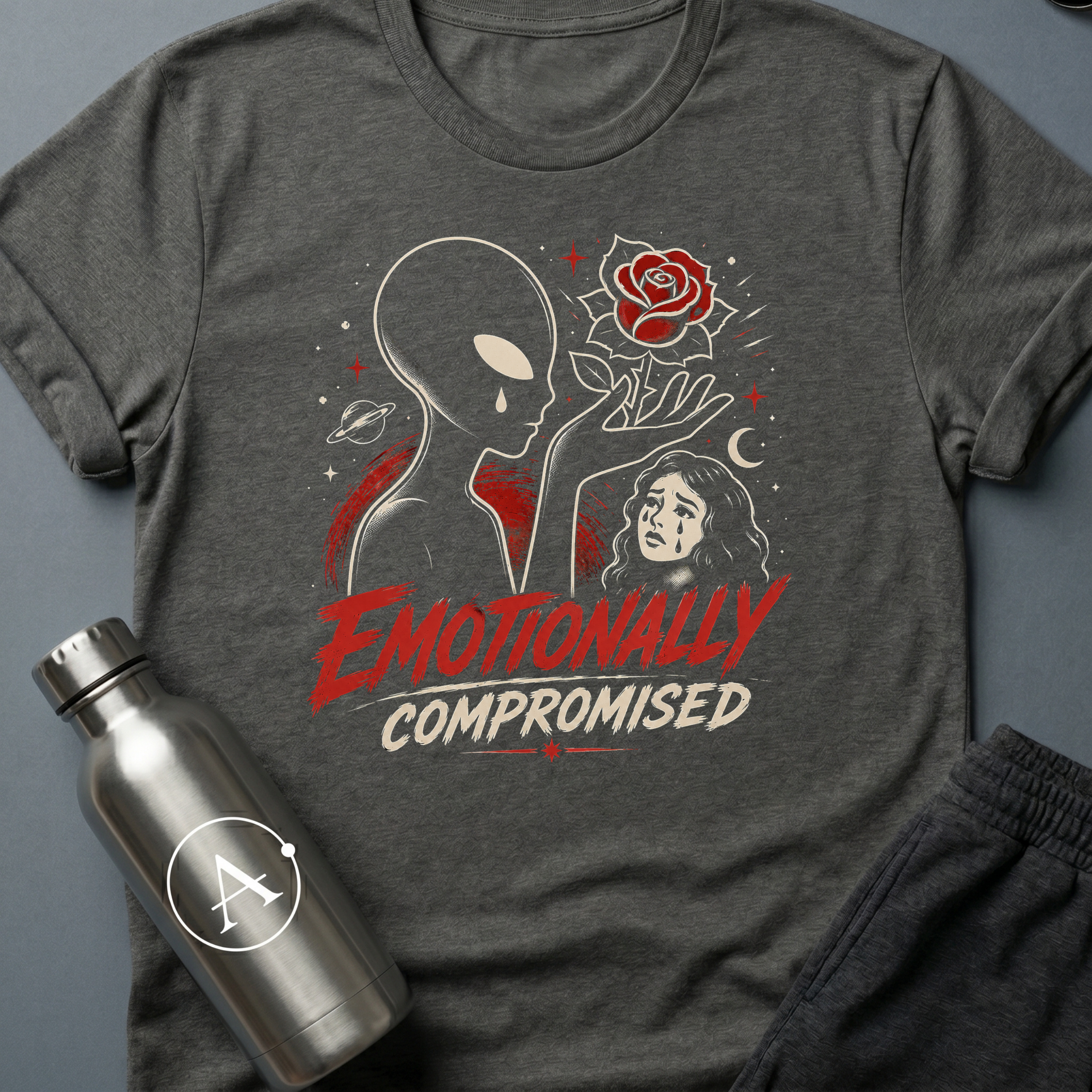 Telenovela Escalation sci-fi t-shirt — alien overcome by Earth soap operas — Dark Heather unisex tee — Apsion Outpost