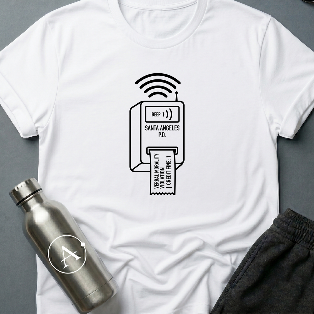 The Cuss Tax sci-fi t-shirt — dystopian Santa Angeles P.D. verbal morality ticket dispenser — Black unisex tee — Apsion Outpost