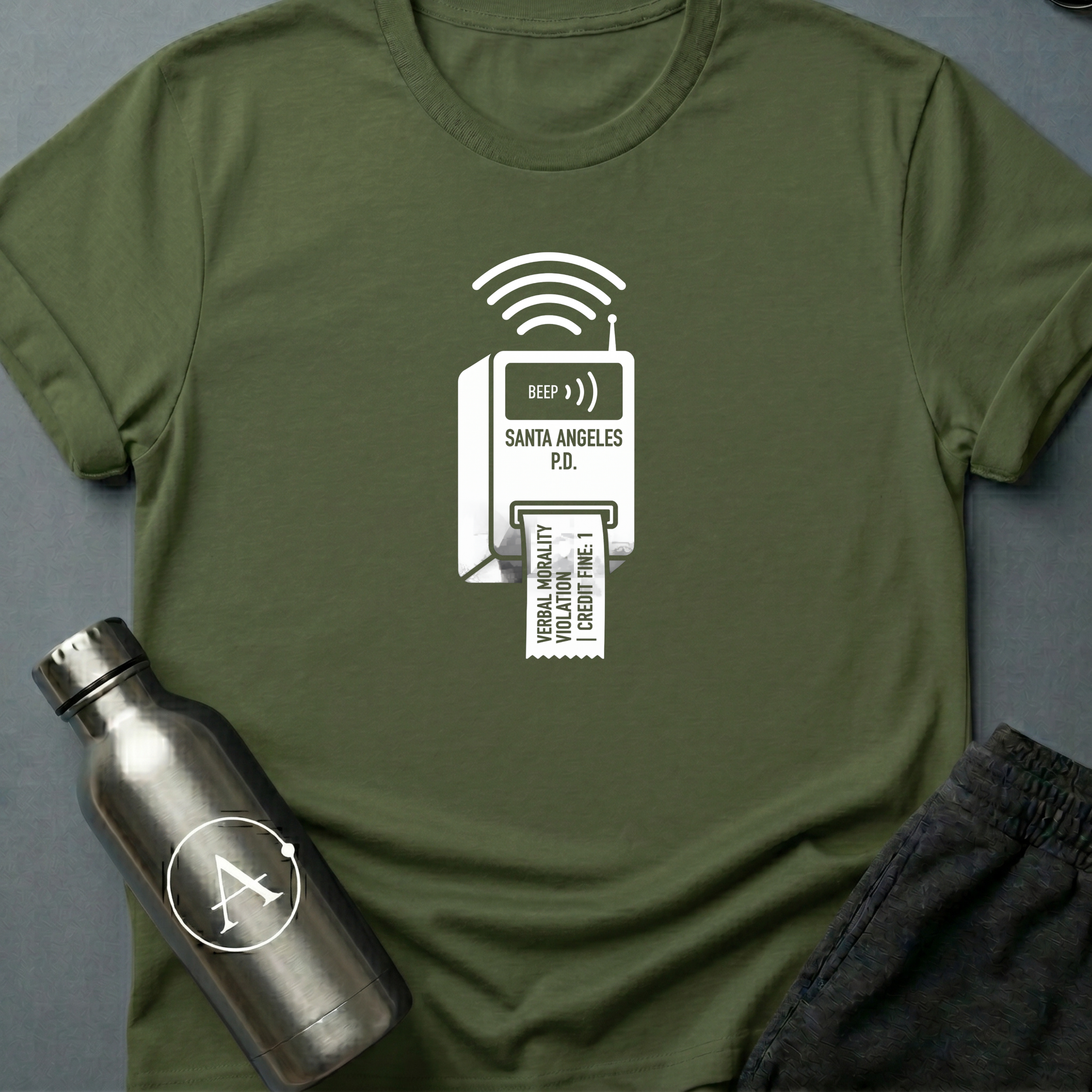 The Cuss Tax sci-fi t-shirt — dystopian Santa Angeles P.D. verbal morality ticket dispenser — Military Green unisex tee — Apsion Outpost
