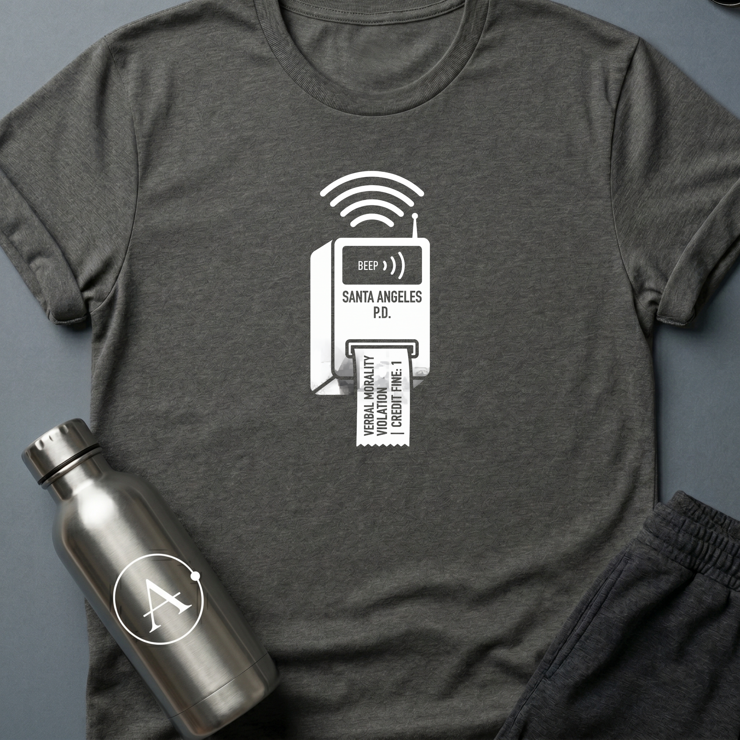 The Cuss Tax sci-fi t-shirt — dystopian Santa Angeles P.D. verbal morality ticket dispenser — Natural unisex tee — Apsion Outpost