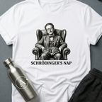 Schrödinger's Nap sci-fi t-shirt — vintage engraving of Schrödinger asleep in armchair with cat — Navy unisex tee — Apsion Outpost