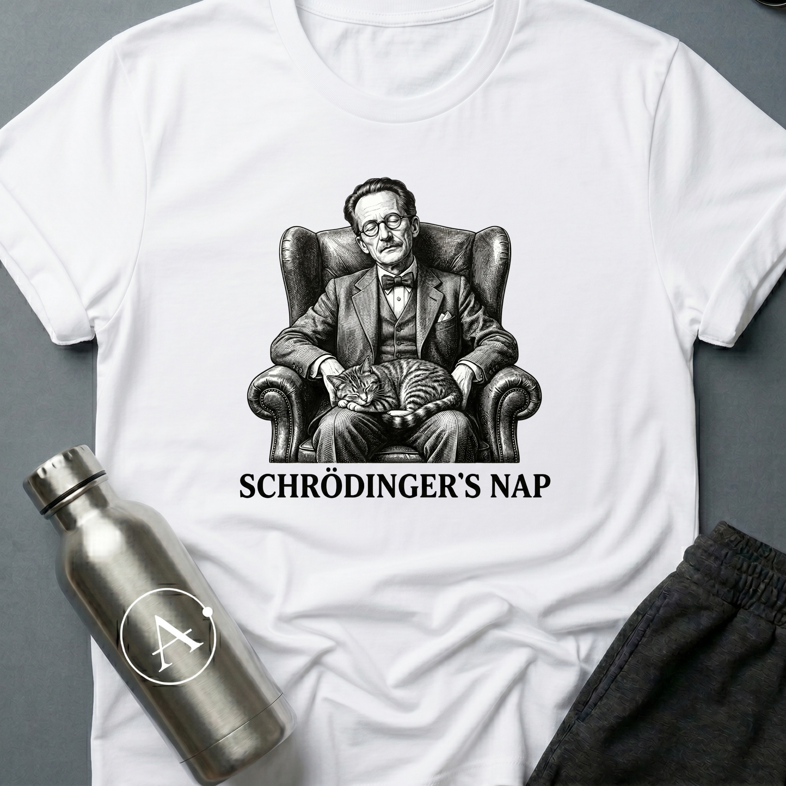Schrödinger's Nap sci-fi t-shirt — vintage engraving of Schrödinger asleep in armchair with cat — Navy unisex tee — Apsion Outpost