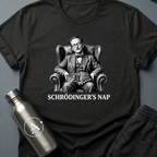Schrödinger's Nap sci-fi t-shirt — vintage engraving of Schrödinger asleep in armchair with cat — White unisex tee — Apsion Outpost