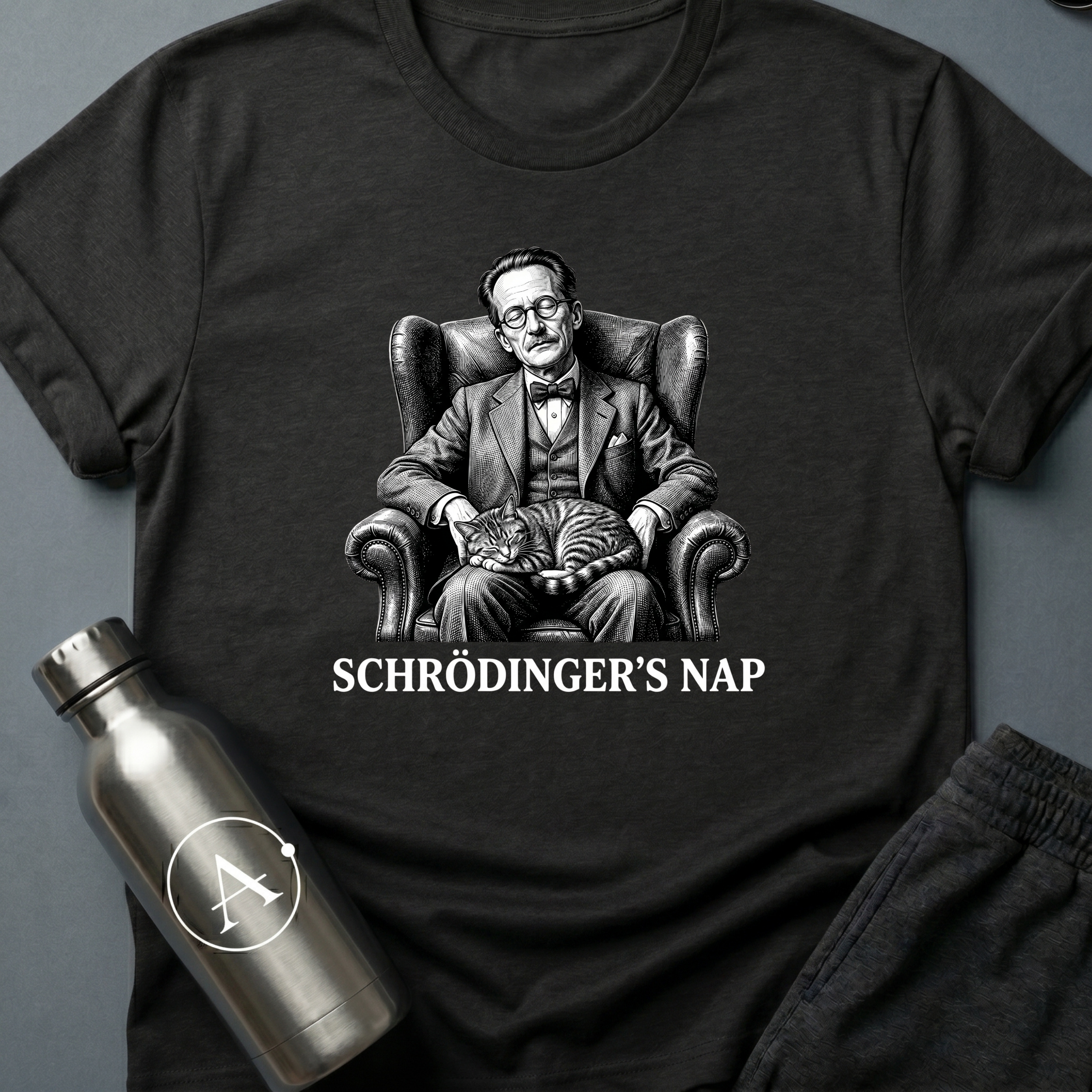 Schrödinger's Nap sci-fi t-shirt — vintage engraving of Schrödinger asleep in armchair with cat — White unisex tee — Apsion Outpost