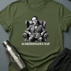 Schrödinger's Nap sci-fi t-shirt — vintage engraving of Schrödinger asleep in armchair with cat — Dark Heather unisex tee — Apsion Outpost