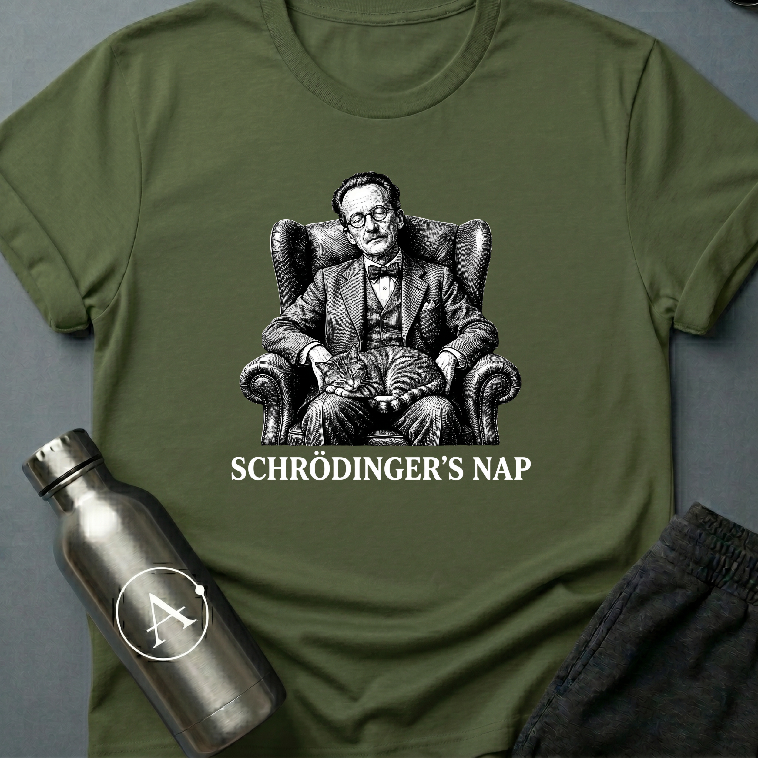 Schrödinger's Nap sci-fi t-shirt — vintage engraving of Schrödinger asleep in armchair with cat — Dark Heather unisex tee — Apsion Outpost
