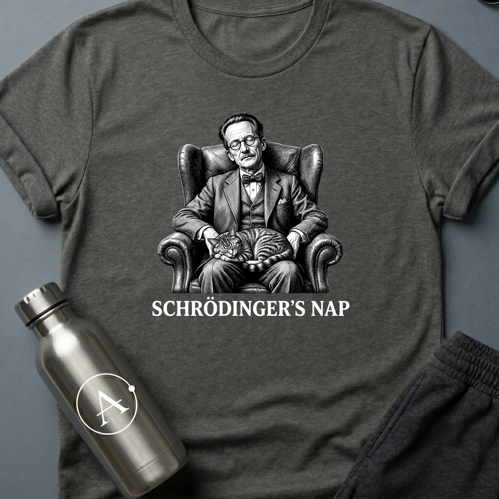 Schrödinger's Nap sci-fi t-shirt — vintage engraving of Schrödinger asleep in armchair with cat — Black unisex tee — Apsion Outpost