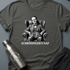 Schrödinger's Nap sci-fi t-shirt — vintage engraving of Schrödinger asleep in armchair with cat — Black unisex tee — Apsion Outpost