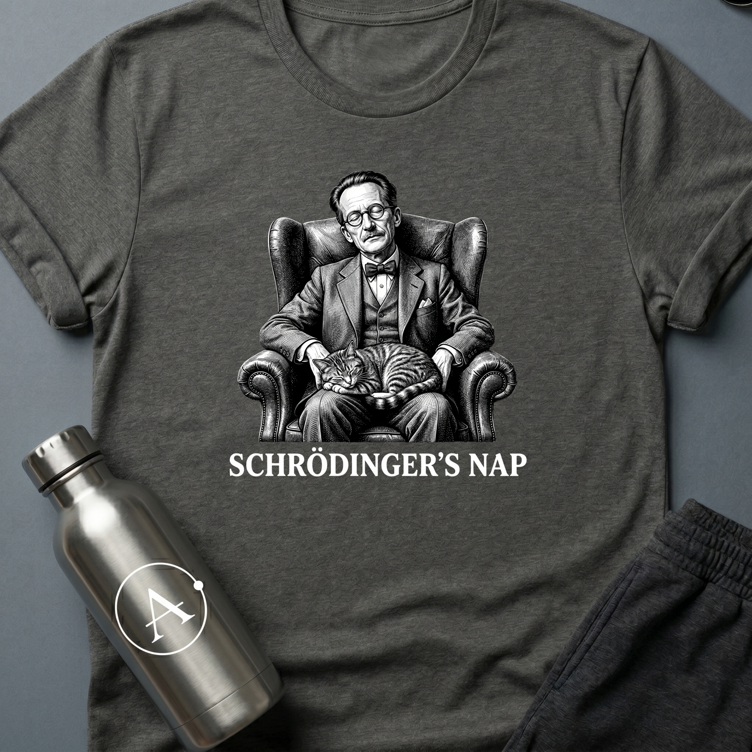 Schrödinger's Nap sci-fi t-shirt — vintage engraving of Schrödinger asleep in armchair with cat — Black unisex tee — Apsion Outpost