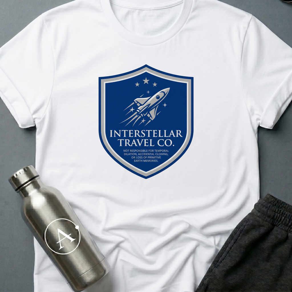 Tourist Disclaimer sci-fi t-shirt — Interstellar Travel Co. fine-print disclaimer shield — Black unisex tee — Apsion Outpost