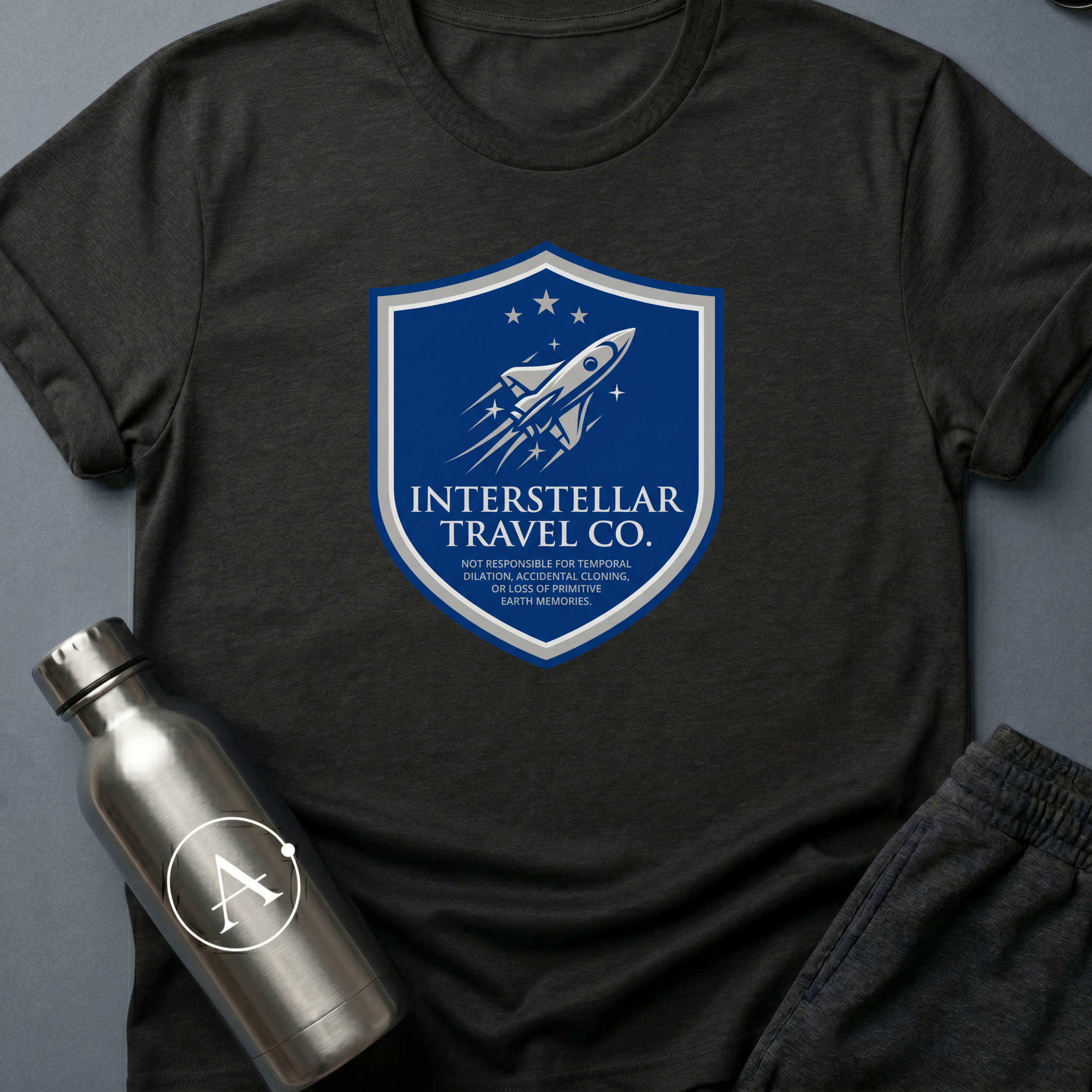 Tourist Disclaimer sci-fi t-shirt — Interstellar Travel Co. fine-print disclaimer shield — White unisex tee — Apsion Outpost