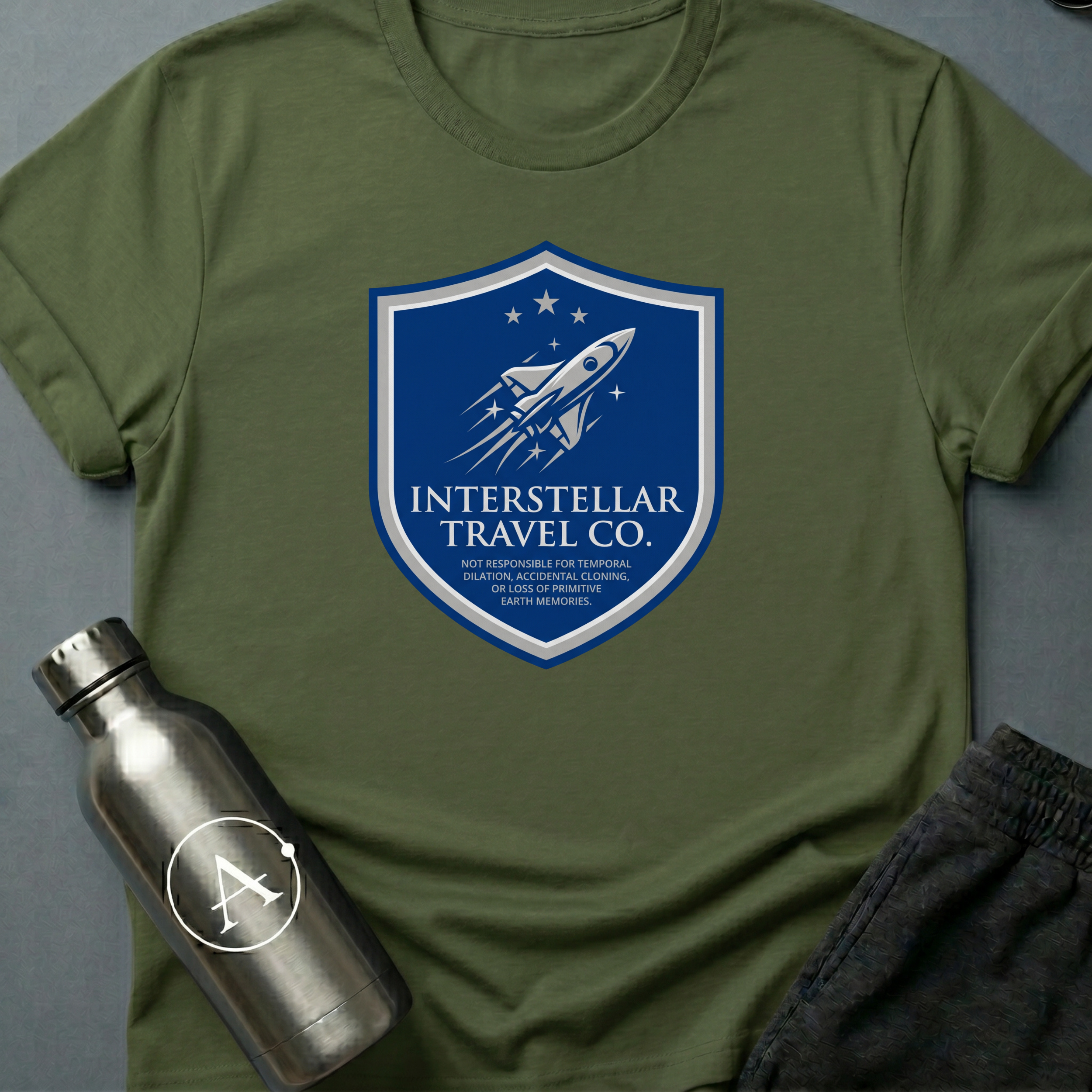 Tourist Disclaimer sci-fi t-shirt — Interstellar Travel Co. fine-print disclaimer shield — Navy unisex tee — Apsion Outpost
