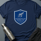 Tourist Disclaimer sci-fi t-shirt — Interstellar Travel Co. fine-print disclaimer shield — Military Green unisex tee — Apsion Outpost