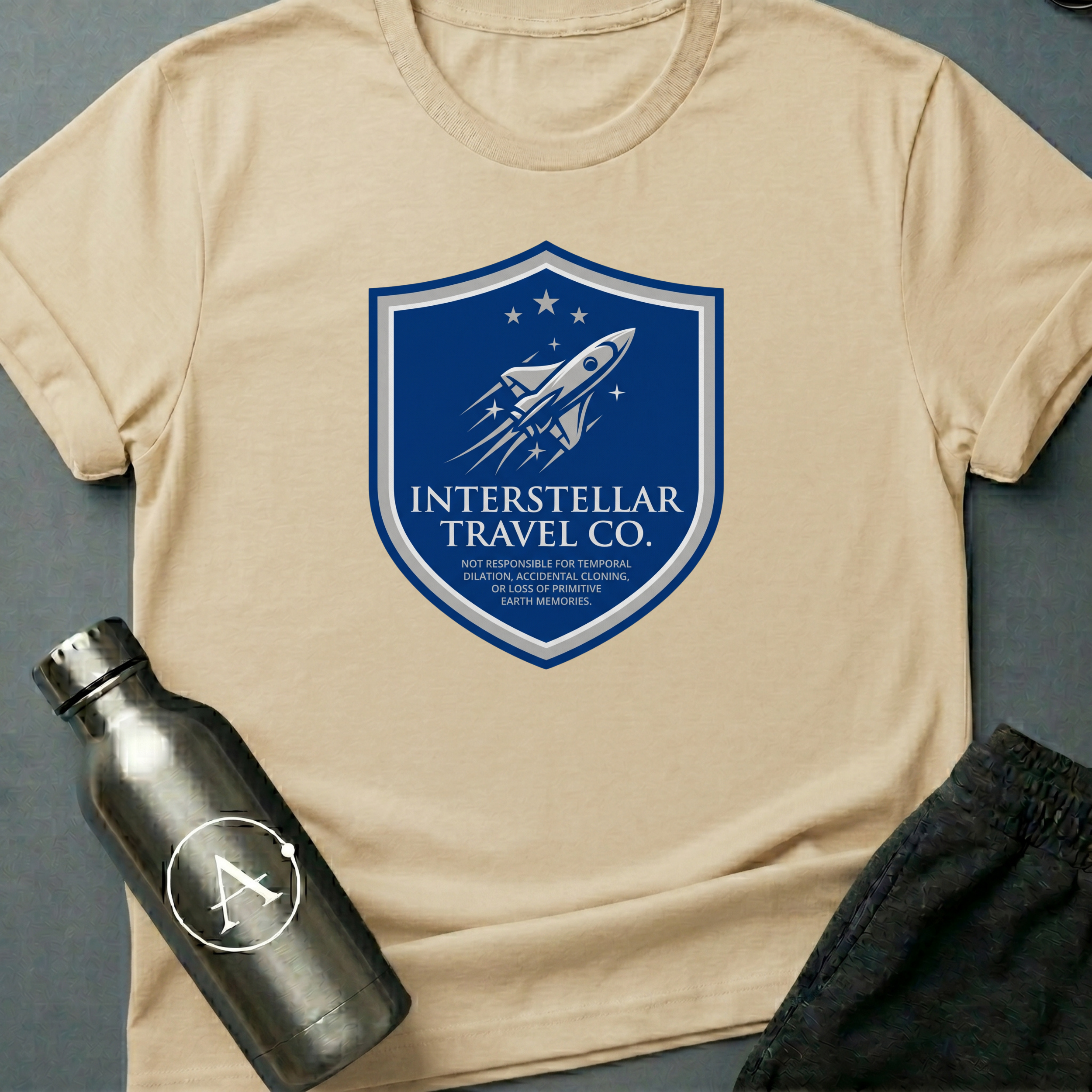 Tourist Disclaimer sci-fi t-shirt — Interstellar Travel Co. fine-print disclaimer shield — Natural unisex tee — Apsion Outpost