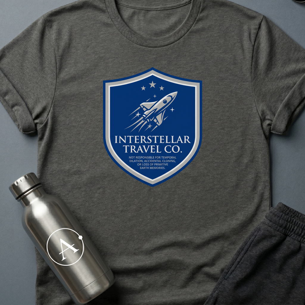 Tourist Disclaimer sci-fi t-shirt — Interstellar Travel Co. fine-print disclaimer shield — Dark Heather unisex tee — Apsion Outpost