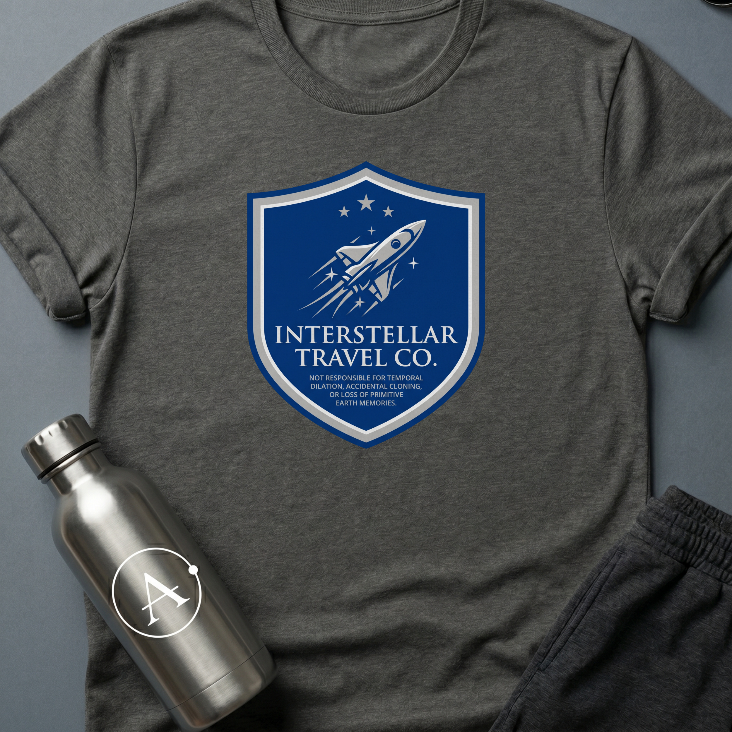 Tourist Disclaimer sci-fi t-shirt — Interstellar Travel Co. fine-print disclaimer shield — Dark Heather unisex tee — Apsion Outpost