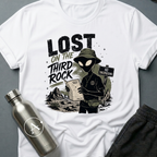 Tourist Trap sci-fi t-shirt — alien tourist lost on Earth with bucket hat and useless map — Dark Heather unisex tee — Apsion Outpost