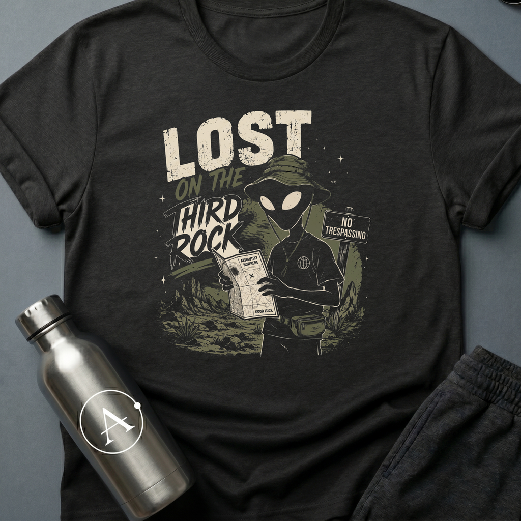 Tourist Trap sci-fi t-shirt — alien tourist lost on Earth with bucket hat and useless map — Navy unisex tee — Apsion Outpost