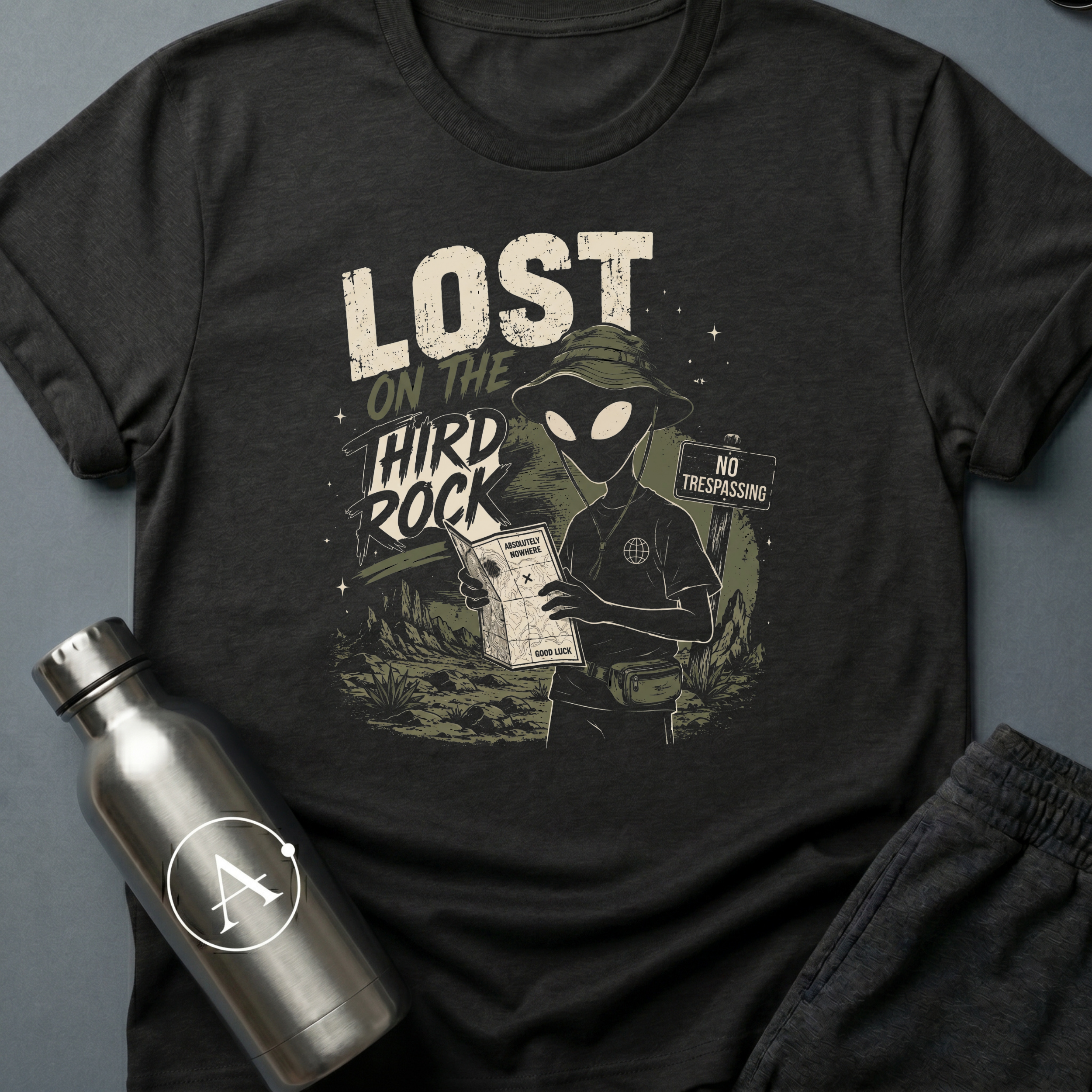 Tourist Trap sci-fi t-shirt — alien tourist lost on Earth with bucket hat and useless map — Navy unisex tee — Apsion Outpost