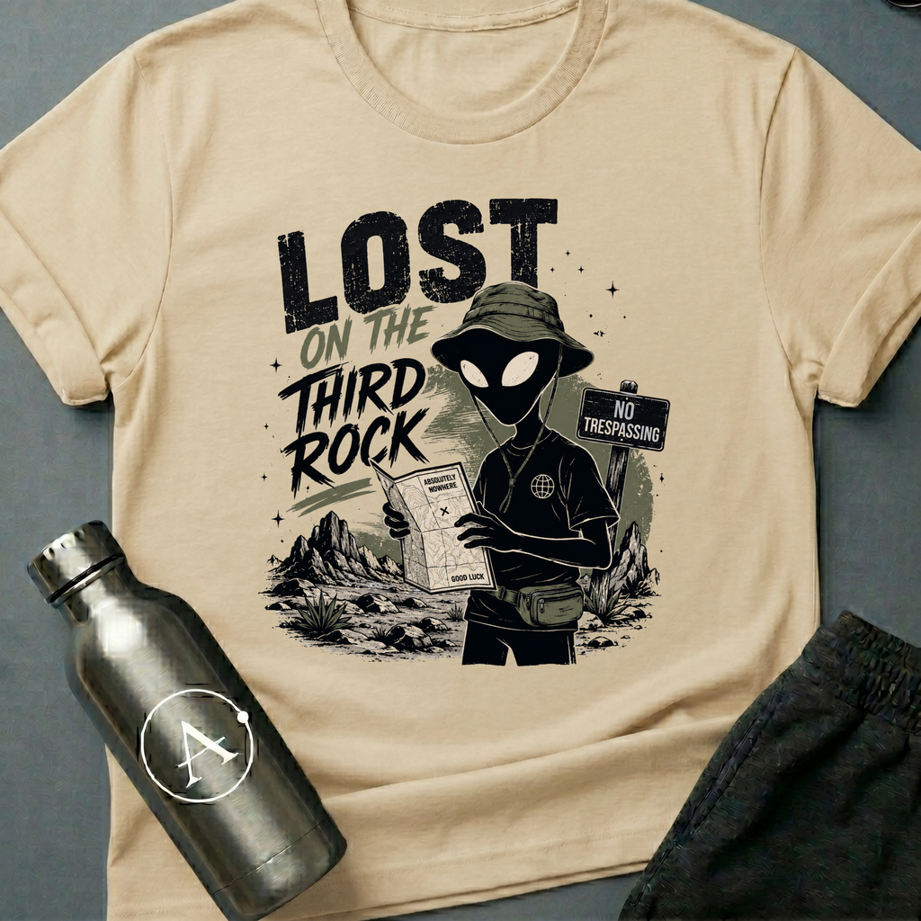 Tourist Trap sci-fi t-shirt — alien tourist lost on Earth with bucket hat and useless map — Military Green unisex tee — Apsion Outpost