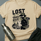 Tourist Trap sci-fi t-shirt — alien tourist lost on Earth with bucket hat and useless map — Military Green unisex tee — Apsion Outpost