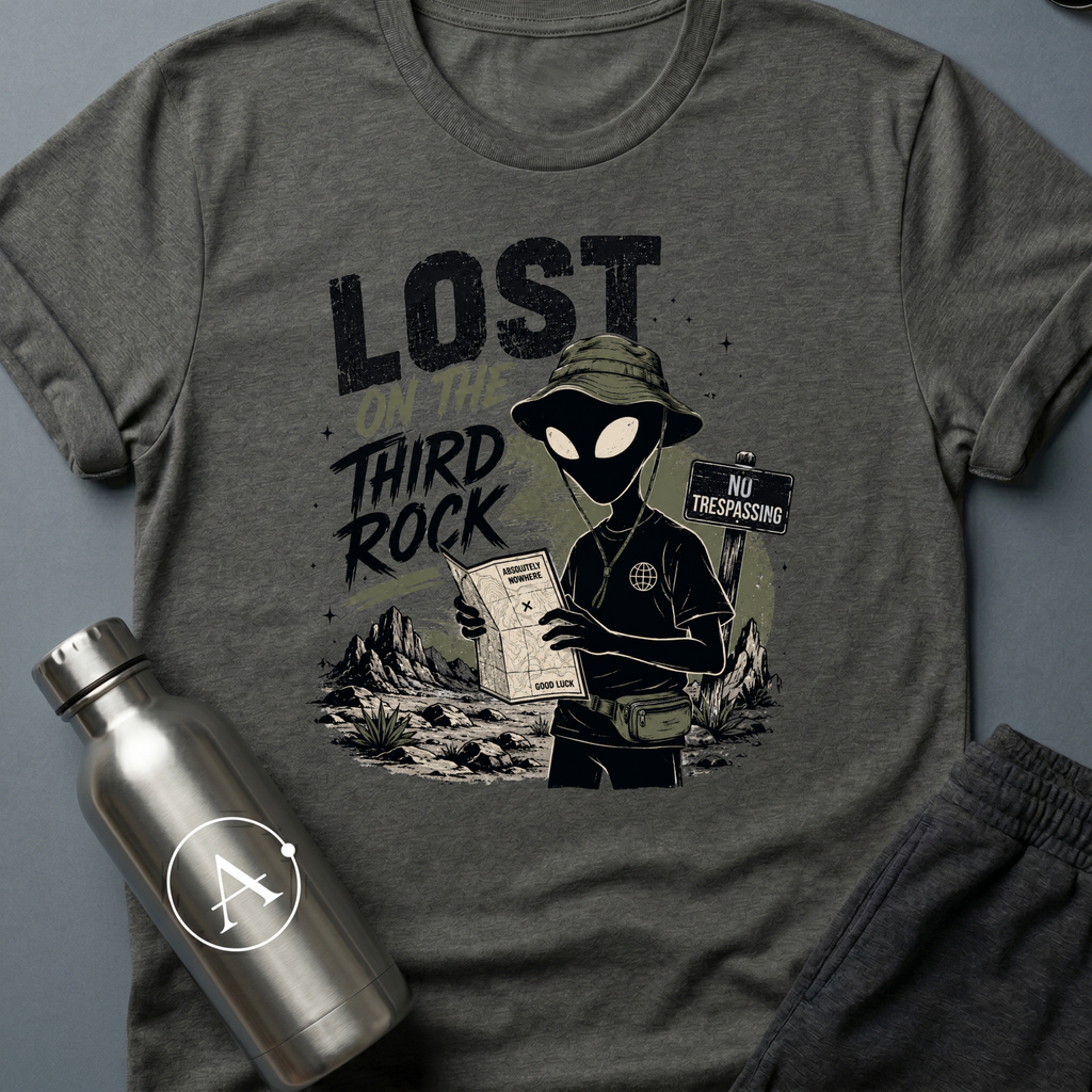Tourist Trap sci-fi t-shirt — alien tourist lost on Earth with bucket hat and useless map — Natural unisex tee — Apsion Outpost
