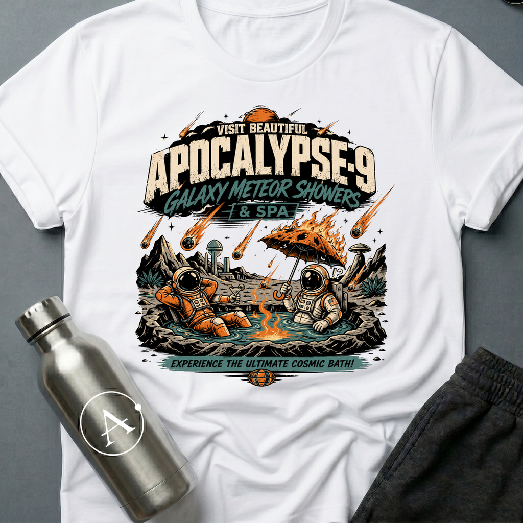 Travel Advisory sci-fi t-shirt — vintage vacation poster for Apocalypse-9 spa under meteor showers — Black unisex tee — Apsion Outpost