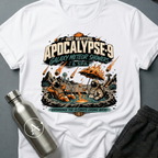 Travel Advisory sci-fi t-shirt — vintage vacation poster for Apocalypse-9 spa under meteor showers — Black unisex tee — Apsion Outpost