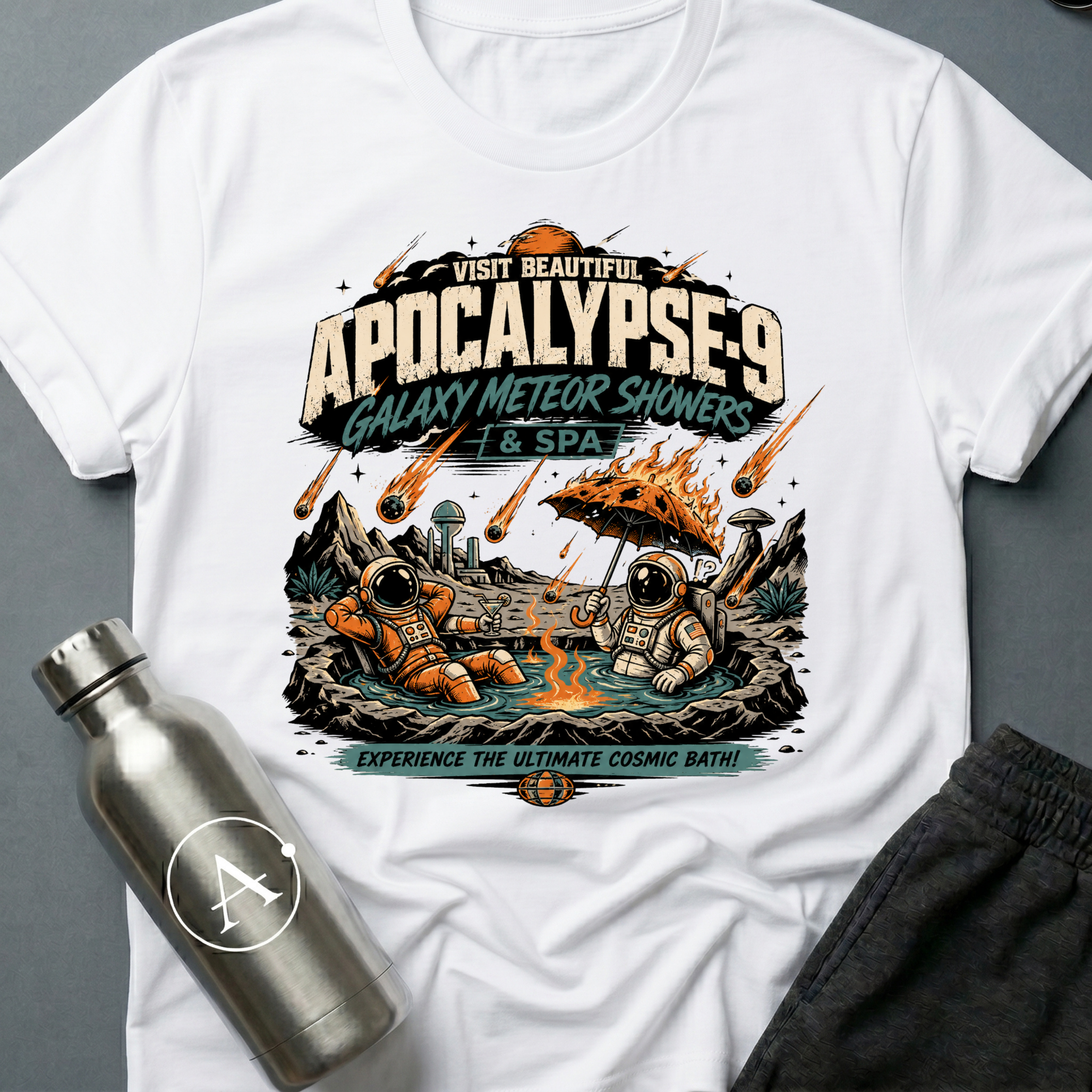 Travel Advisory sci-fi t-shirt — vintage vacation poster for Apocalypse-9 spa under meteor showers — Black unisex tee — Apsion Outpost