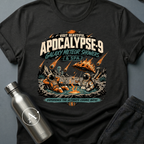 Travel Advisory sci-fi t-shirt — vintage vacation poster for Apocalypse-9 spa under meteor showers — Dark Heather unisex tee — Apsion Outpost