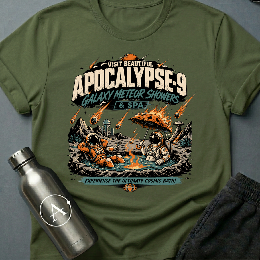 Travel Advisory sci-fi t-shirt — vintage vacation poster for Apocalypse-9 spa under meteor showers — Military Green unisex tee — Apsion Outpost