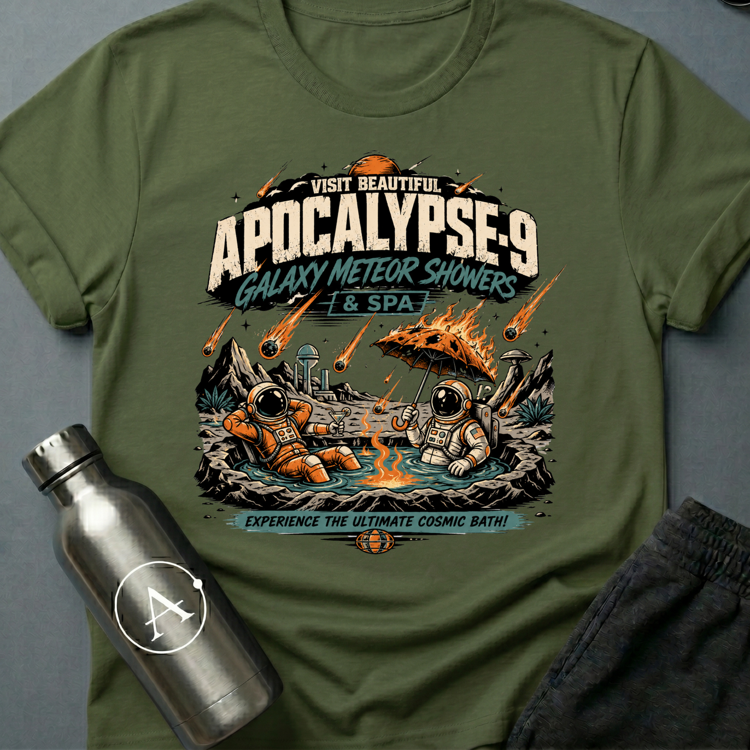 Travel Advisory sci-fi t-shirt — vintage vacation poster for Apocalypse-9 spa under meteor showers — Military Green unisex tee — Apsion Outpost