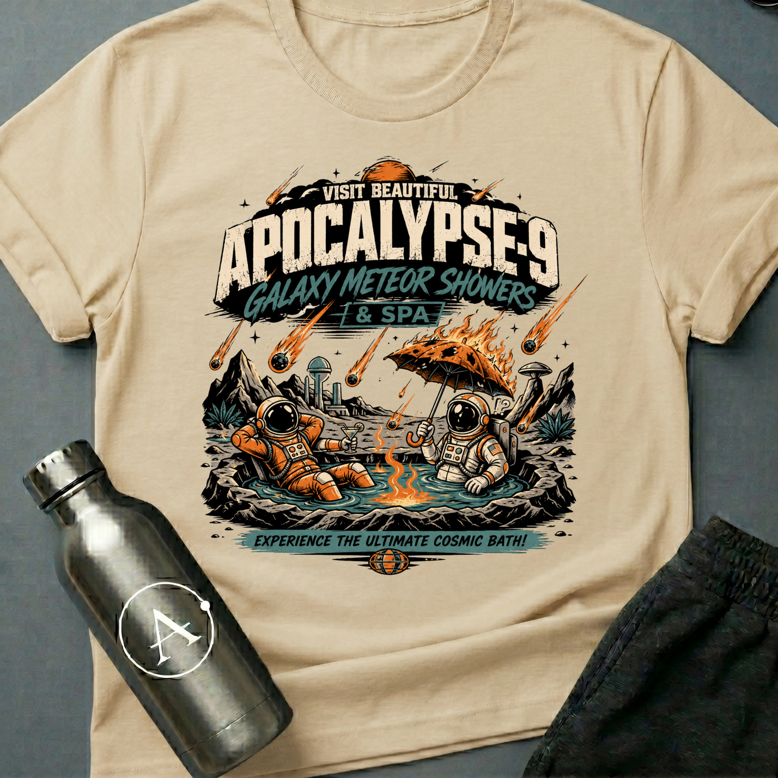 Travel Advisory sci-fi t-shirt — vintage vacation poster for Apocalypse-9 spa under meteor showers — Navy unisex tee — Apsion Outpost