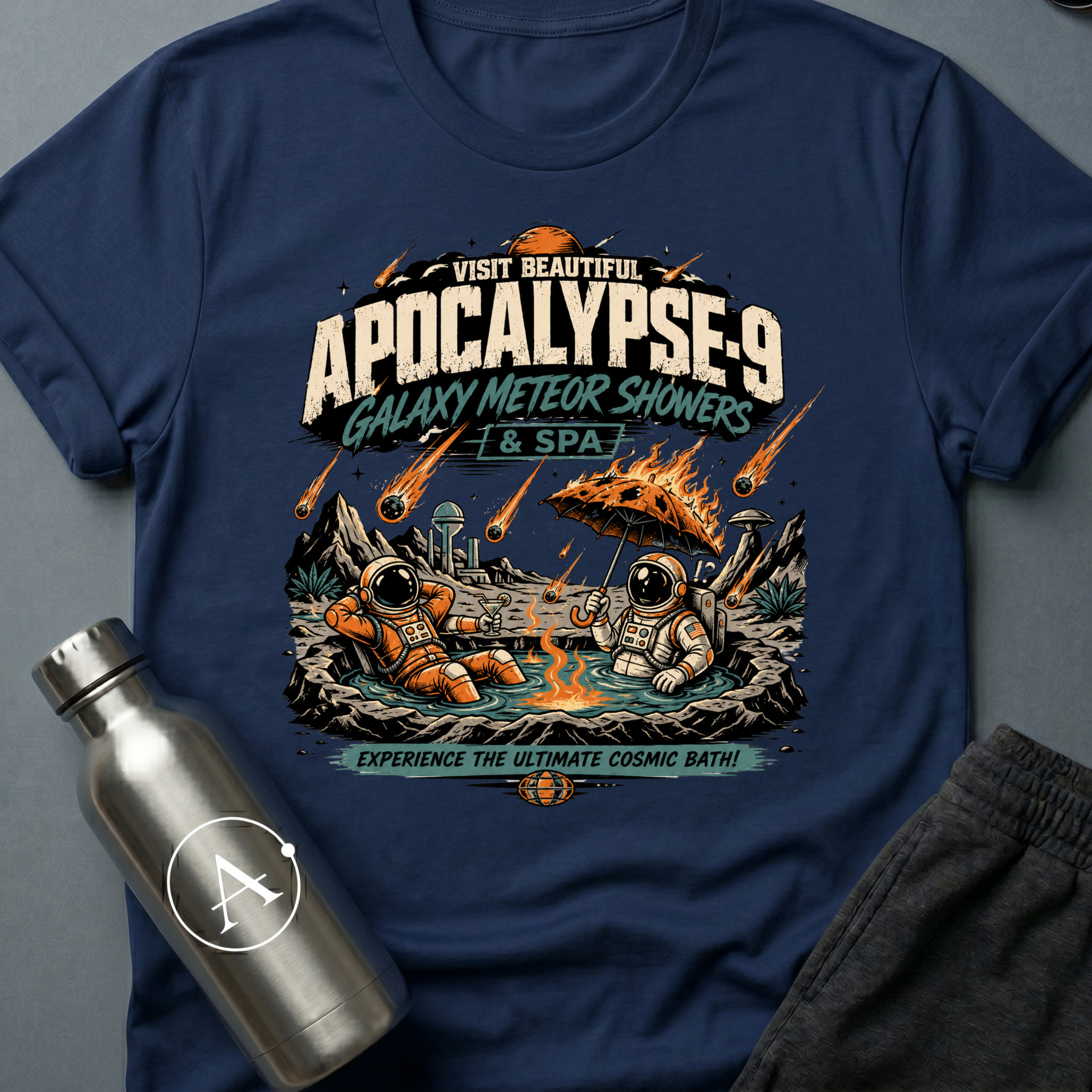 Travel Advisory sci-fi t-shirt — vintage vacation poster for Apocalypse-9 spa under meteor showers — White unisex tee — Apsion Outpost